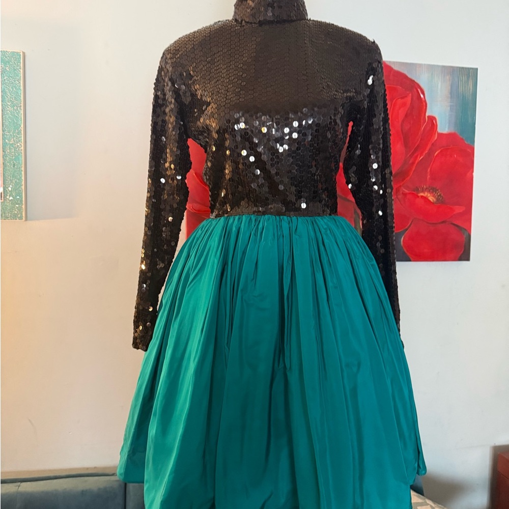 Nite Line Dress Womens 4 Black Green Sequin Long Sleeve Under Tulle Party 80s